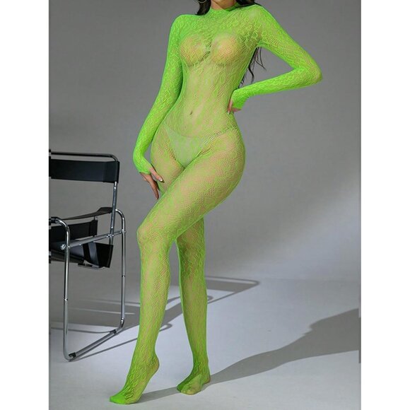 Neon Green Women Fishnet Bodysuit Lace Leopard Mesh Jumpsuit Rave Lingerie - Picture 2 of 3